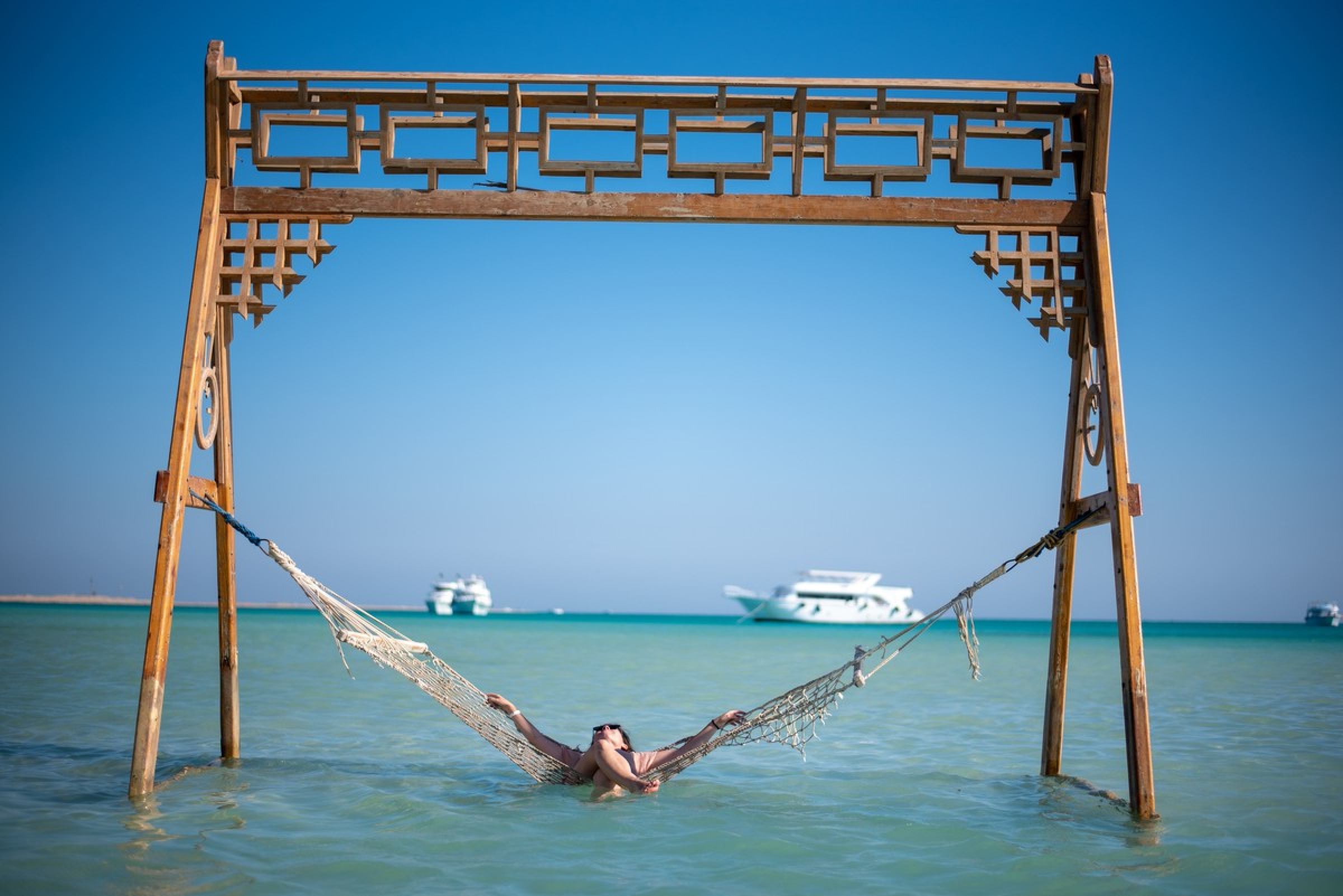 Orange Bay Hurghada turquoise lagoon and white sand beach with snorkellers